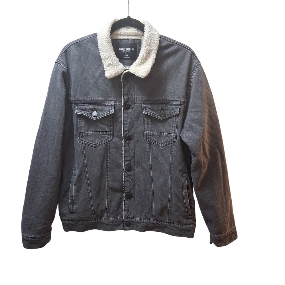 Sunrise Kingdom Men Sherpa Lined Denim Jean Jacket Fleece Rancher Cowboy Black-L